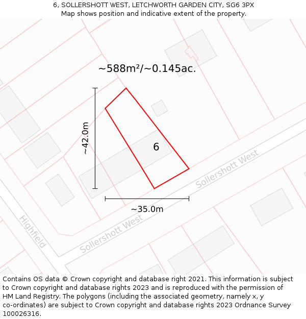 6, SOLLERSHOTT WEST, LETCHWORTH GARDEN CITY, SG6 3PX: Plot and title map