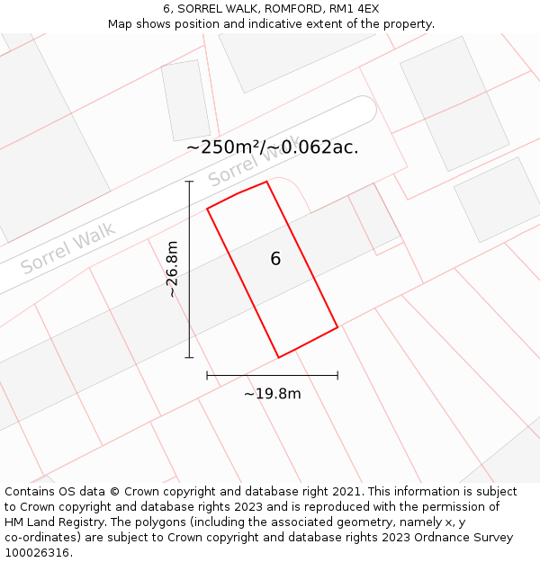 6, SORREL WALK, ROMFORD, RM1 4EX: Plot and title map