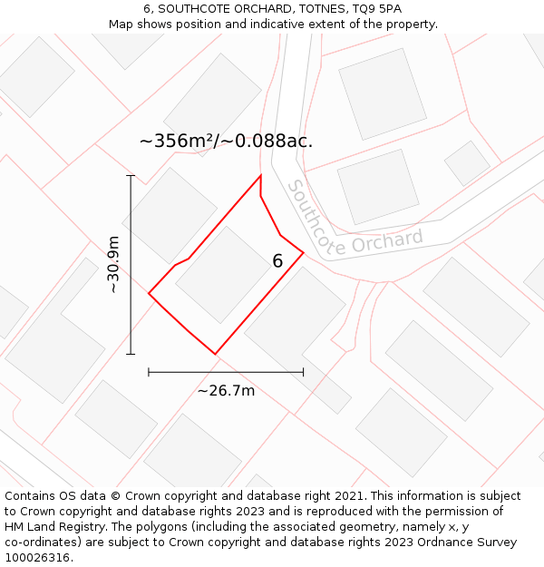 6, SOUTHCOTE ORCHARD, TOTNES, TQ9 5PA: Plot and title map