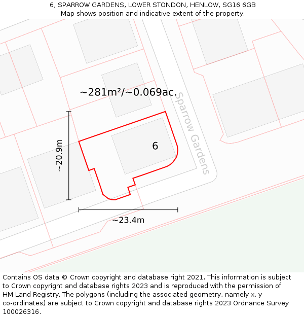 6, SPARROW GARDENS, LOWER STONDON, HENLOW, SG16 6GB: Plot and title map