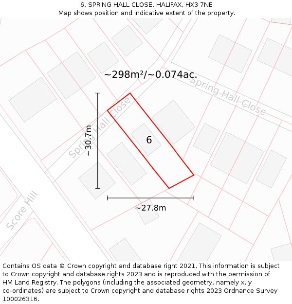 6, SPRING HALL CLOSE, HALIFAX, HX3 7NE: Plot and title map