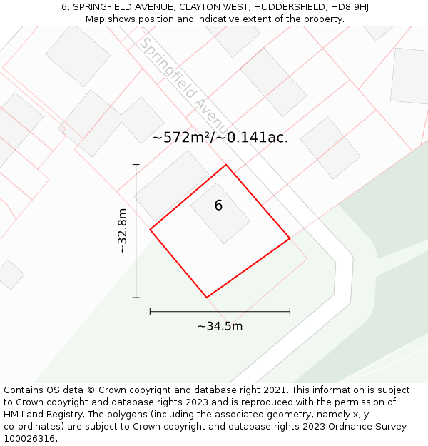 6, SPRINGFIELD AVENUE, CLAYTON WEST, HUDDERSFIELD, HD8 9HJ: Plot and title map
