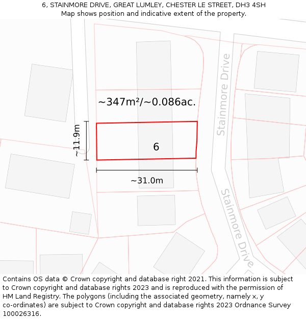 6, STAINMORE DRIVE, GREAT LUMLEY, CHESTER LE STREET, DH3 4SH: Plot and title map