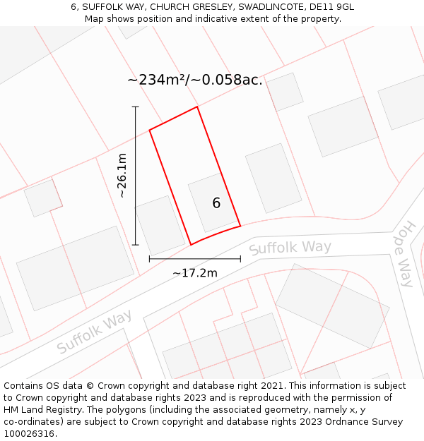 6, SUFFOLK WAY, CHURCH GRESLEY, SWADLINCOTE, DE11 9GL: Plot and title map