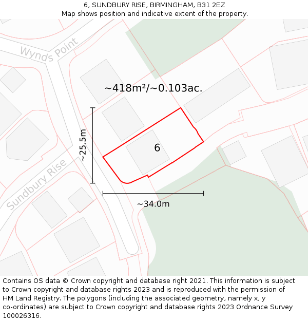 6, SUNDBURY RISE, BIRMINGHAM, B31 2EZ: Plot and title map