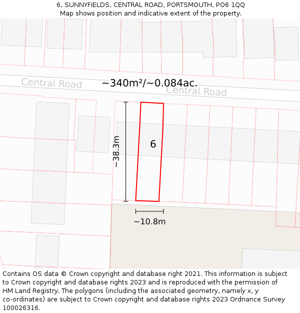 6, SUNNYFIELDS, CENTRAL ROAD, PORTSMOUTH, PO6 1QQ: Plot and title map