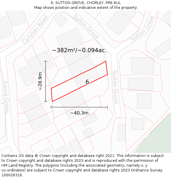 6, SUTTON GROVE, CHORLEY, PR6 8UL: Plot and title map