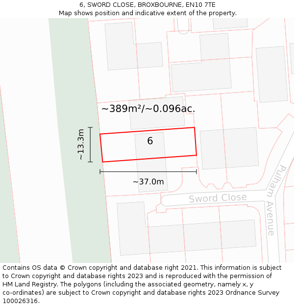 6, SWORD CLOSE, BROXBOURNE, EN10 7TE: Plot and title map