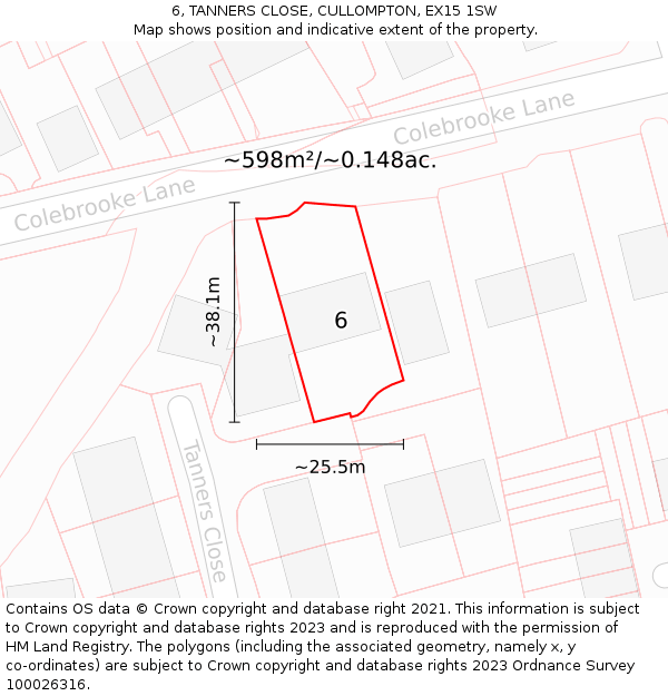 6, TANNERS CLOSE, CULLOMPTON, EX15 1SW: Plot and title map