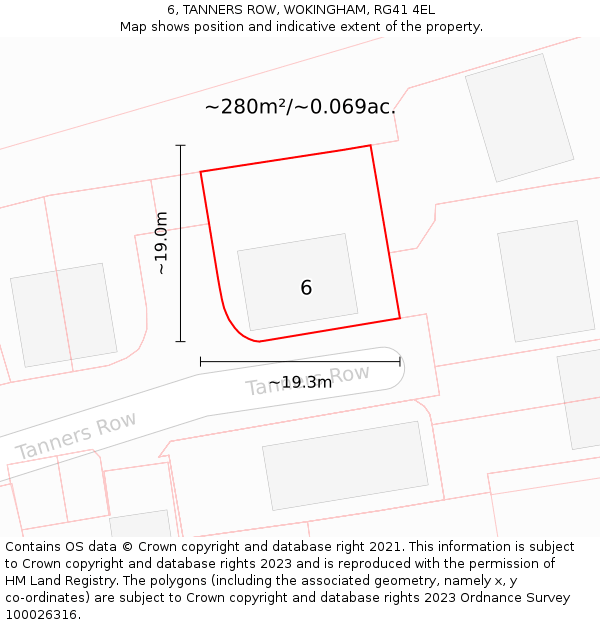 6, TANNERS ROW, WOKINGHAM, RG41 4EL: Plot and title map