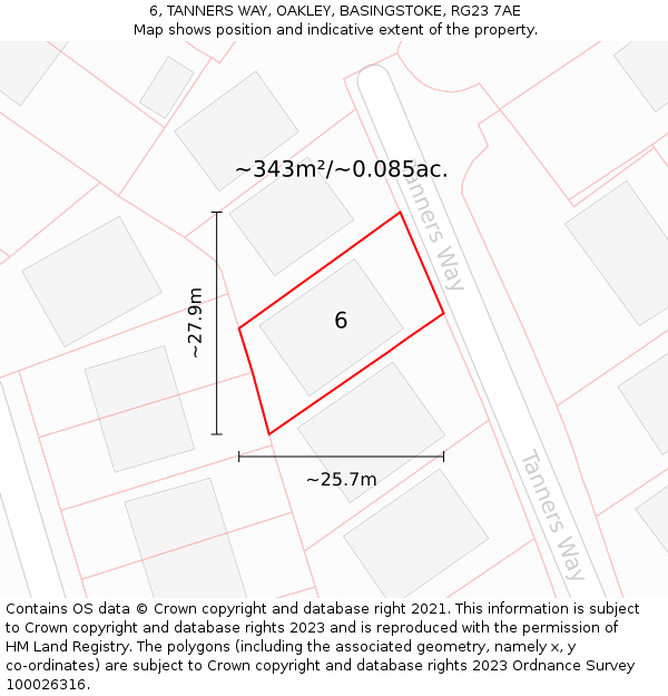 6, TANNERS WAY, OAKLEY, BASINGSTOKE, RG23 7AE: Plot and title map