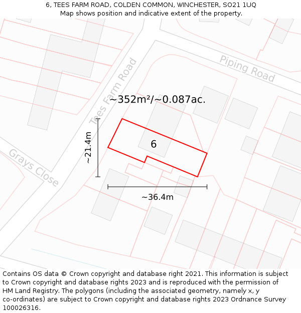 6, TEES FARM ROAD, COLDEN COMMON, WINCHESTER, SO21 1UQ: Plot and title map