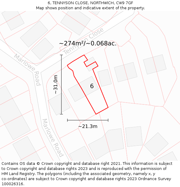 6, TENNYSON CLOSE, NORTHWICH, CW9 7GF: Plot and title map