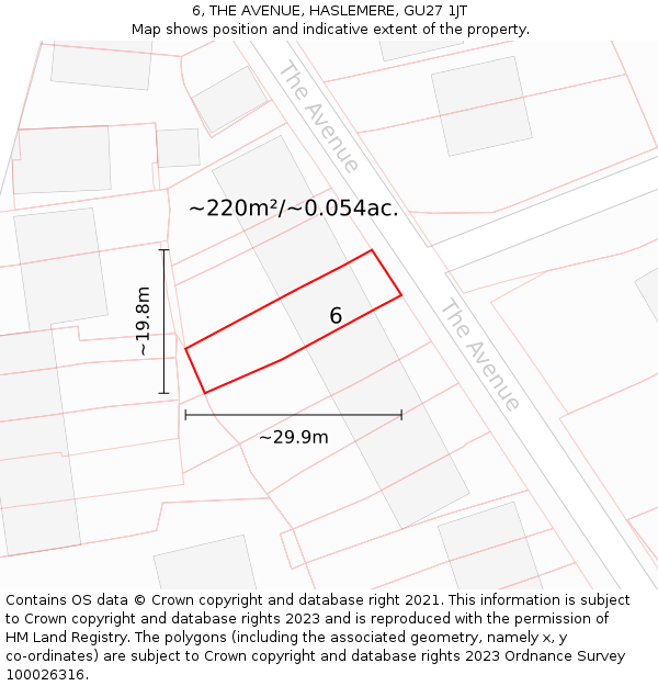 6, THE AVENUE, HASLEMERE, GU27 1JT: Plot and title map