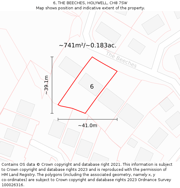 6, THE BEECHES, HOLYWELL, CH8 7SW: Plot and title map