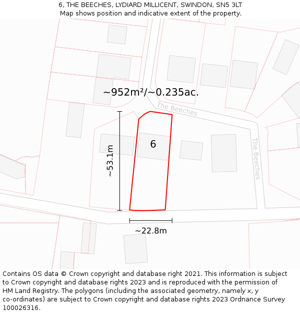 6, THE BEECHES, LYDIARD MILLICENT, SWINDON, SN5 3LT: Plot and title map