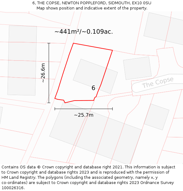 6, THE COPSE, NEWTON POPPLEFORD, SIDMOUTH, EX10 0SU: Plot and title map