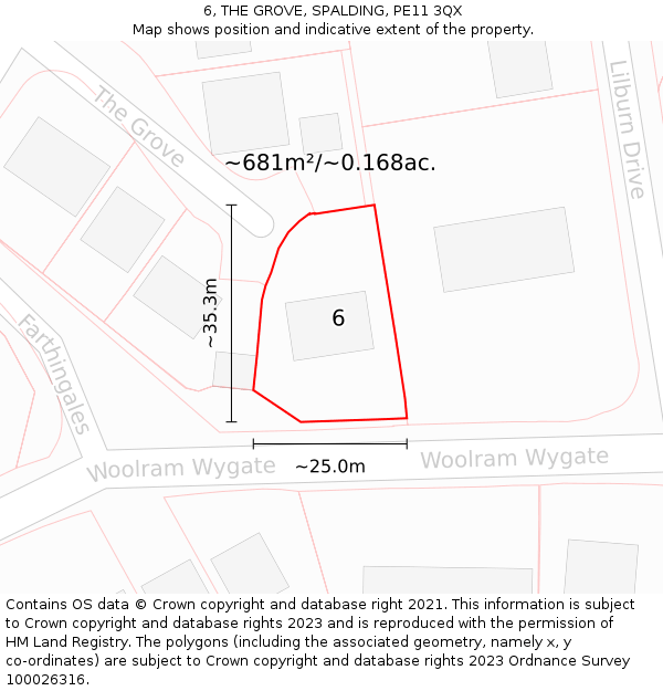 6, THE GROVE, SPALDING, PE11 3QX: Plot and title map