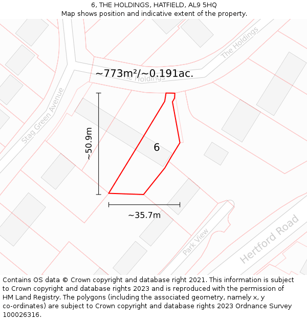 6, THE HOLDINGS, HATFIELD, AL9 5HQ: Plot and title map