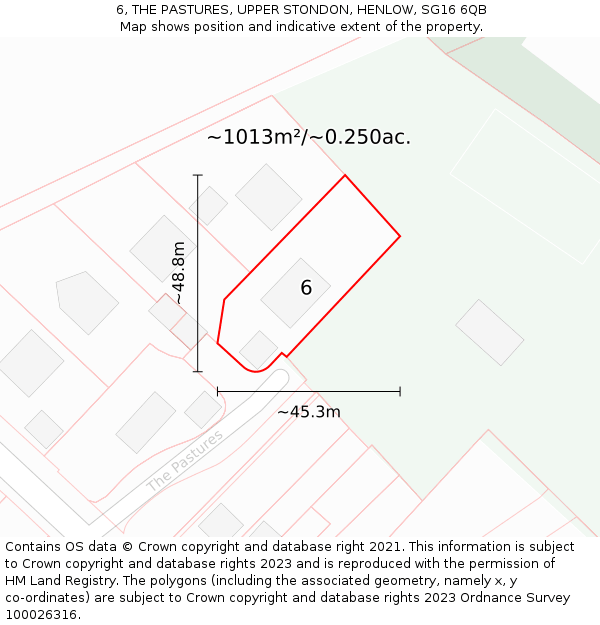 6, THE PASTURES, UPPER STONDON, HENLOW, SG16 6QB: Plot and title map