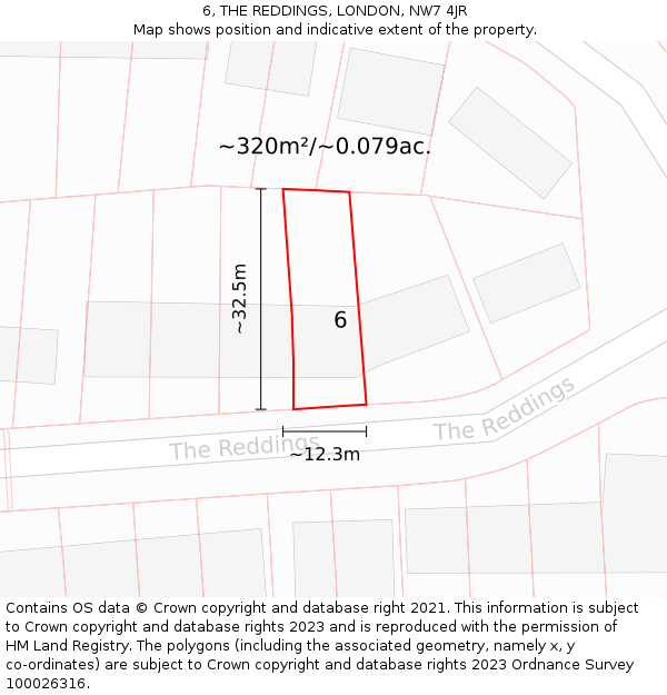 6, THE REDDINGS, LONDON, NW7 4JR: Plot and title map