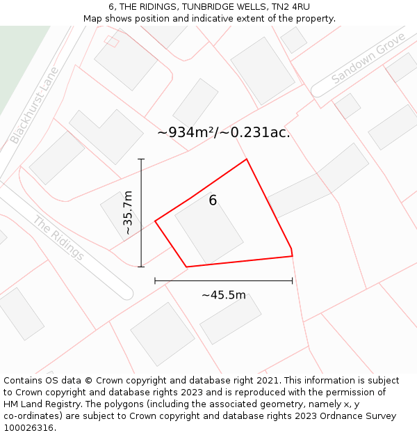 6, THE RIDINGS, TUNBRIDGE WELLS, TN2 4RU: Plot and title map