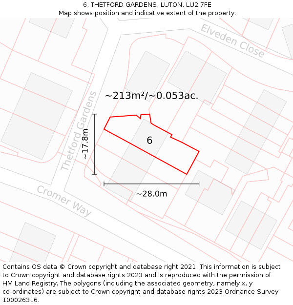 6, THETFORD GARDENS, LUTON, LU2 7FE: Plot and title map