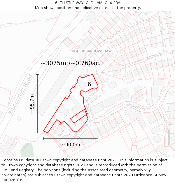 6, THISTLE WAY, OLDHAM, OL4 2RA: Plot and title map