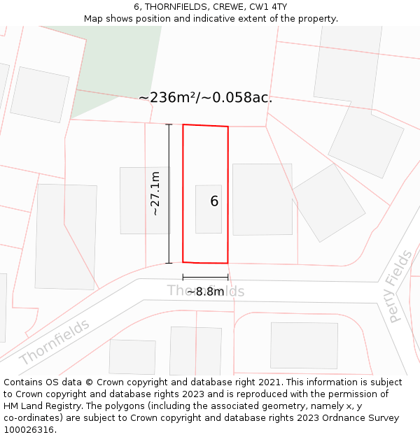 6, THORNFIELDS, CREWE, CW1 4TY: Plot and title map