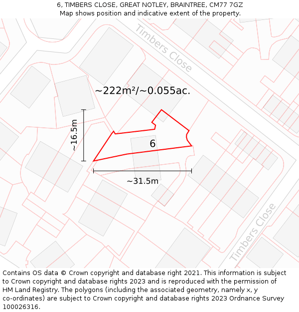 6, TIMBERS CLOSE, GREAT NOTLEY, BRAINTREE, CM77 7GZ: Plot and title map