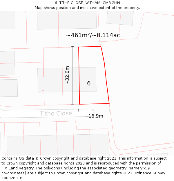 6, TITHE CLOSE, WITHAM, CM8 2HN: Plot and title map