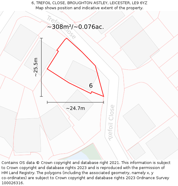 6, TREFOIL CLOSE, BROUGHTON ASTLEY, LEICESTER, LE9 6YZ: Plot and title map