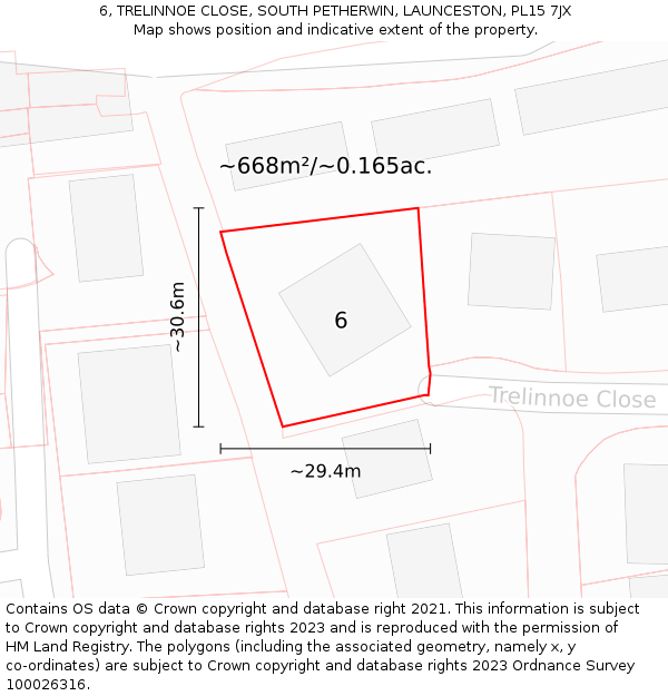 6, TRELINNOE CLOSE, SOUTH PETHERWIN, LAUNCESTON, PL15 7JX: Plot and title map