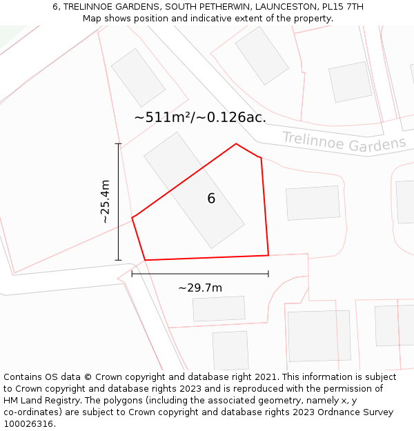 6, TRELINNOE GARDENS, SOUTH PETHERWIN, LAUNCESTON, PL15 7TH: Plot and title map