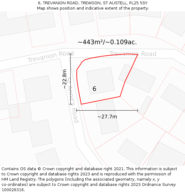 6, TREVANION ROAD, TREWOON, ST AUSTELL, PL25 5SY: Plot and title map
