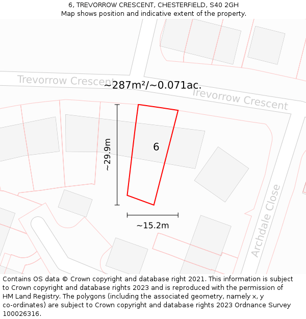 6, TREVORROW CRESCENT, CHESTERFIELD, S40 2GH: Plot and title map