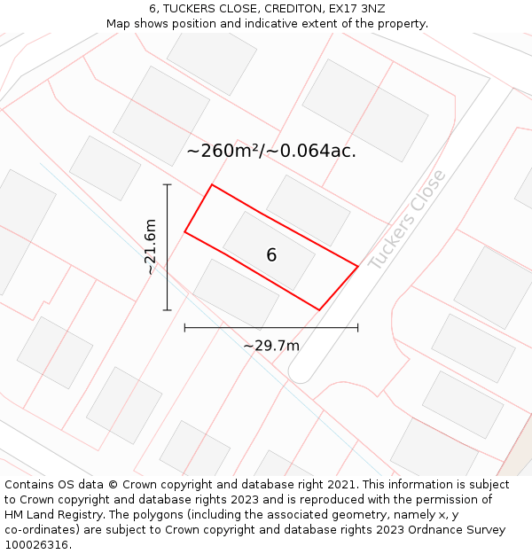 6, TUCKERS CLOSE, CREDITON, EX17 3NZ: Plot and title map