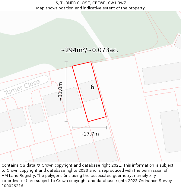 6, TURNER CLOSE, CREWE, CW1 3WZ: Plot and title map