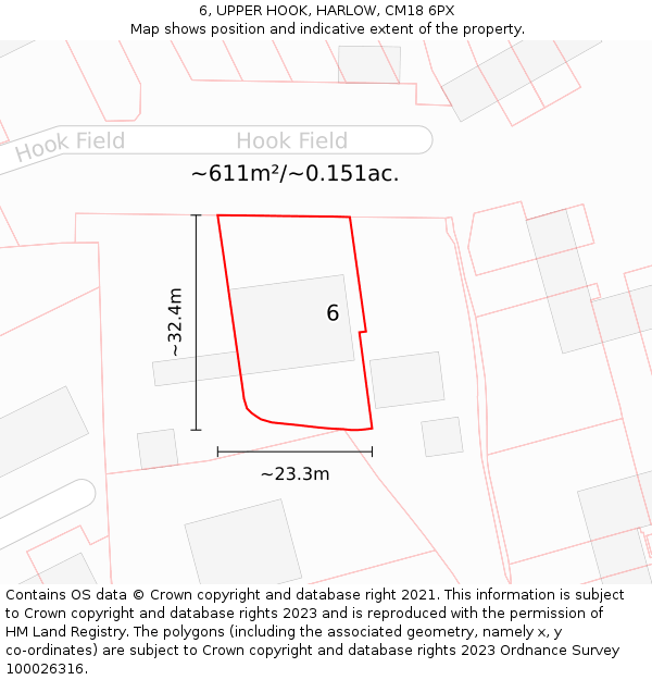 6, UPPER HOOK, HARLOW, CM18 6PX: Plot and title map