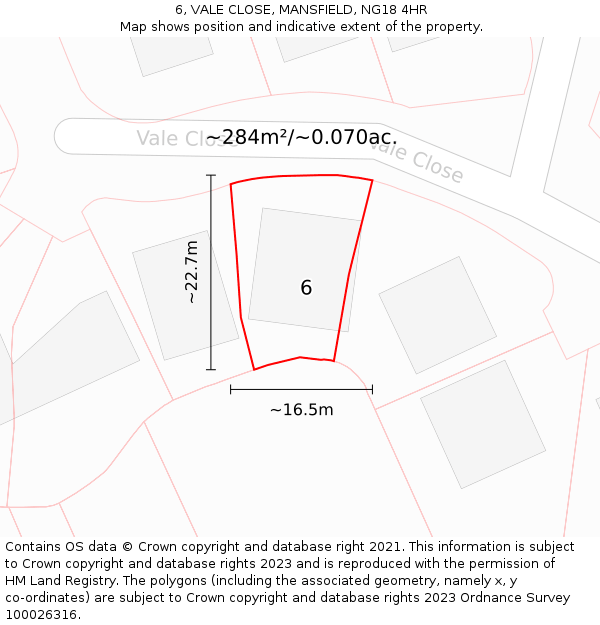 6, VALE CLOSE, MANSFIELD, NG18 4HR: Plot and title map