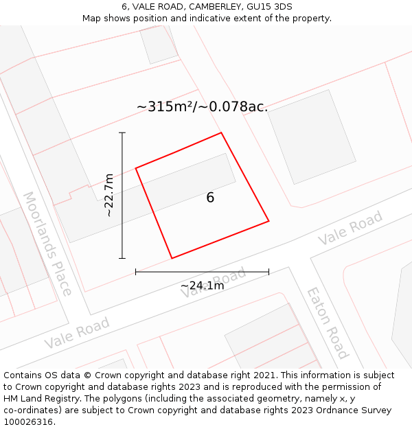 6, VALE ROAD, CAMBERLEY, GU15 3DS: Plot and title map