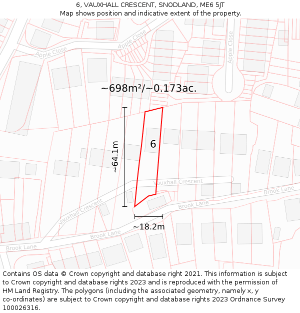 6, VAUXHALL CRESCENT, SNODLAND, ME6 5JT: Plot and title map