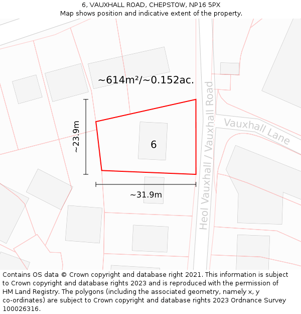 6, VAUXHALL ROAD, CHEPSTOW, NP16 5PX: Plot and title map