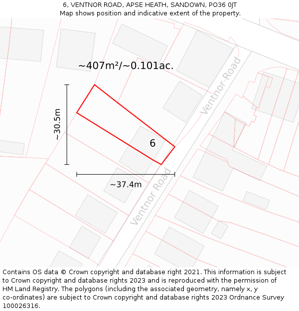 6, VENTNOR ROAD, APSE HEATH, SANDOWN, PO36 0JT: Plot and title map