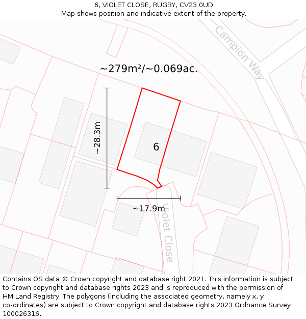 6, VIOLET CLOSE, RUGBY, CV23 0UD: Plot and title map