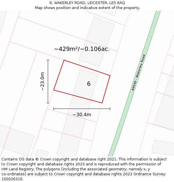 6, WAKERLEY ROAD, LEICESTER, LE5 6AQ: Plot and title map