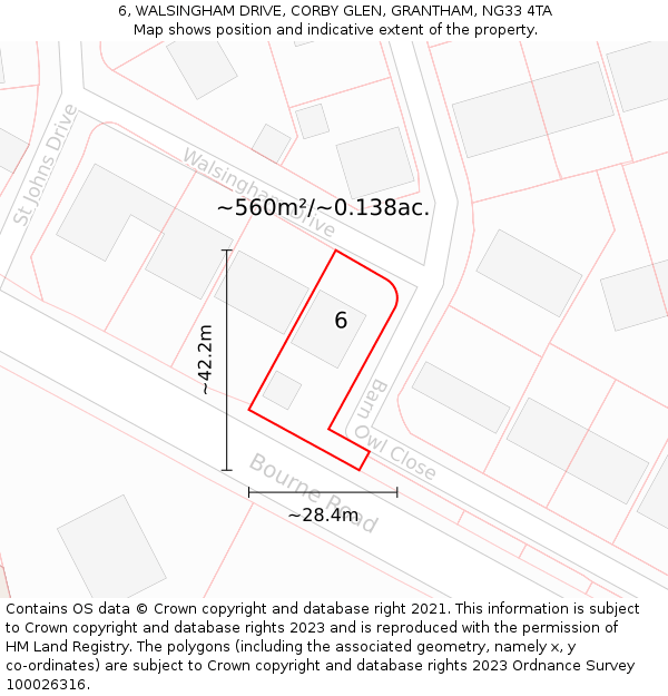 6, WALSINGHAM DRIVE, CORBY GLEN, GRANTHAM, NG33 4TA: Plot and title map