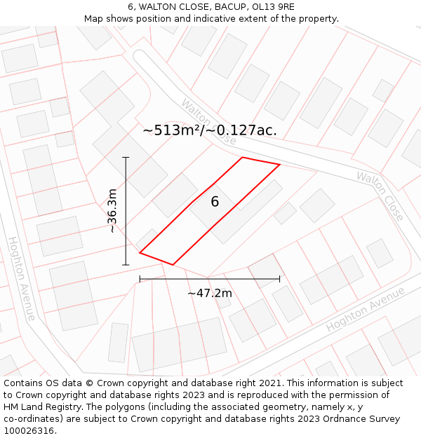 6, WALTON CLOSE, BACUP, OL13 9RE: Plot and title map