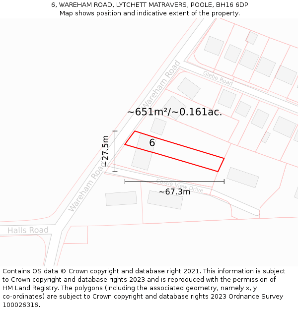 6, WAREHAM ROAD, LYTCHETT MATRAVERS, POOLE, BH16 6DP: Plot and title map