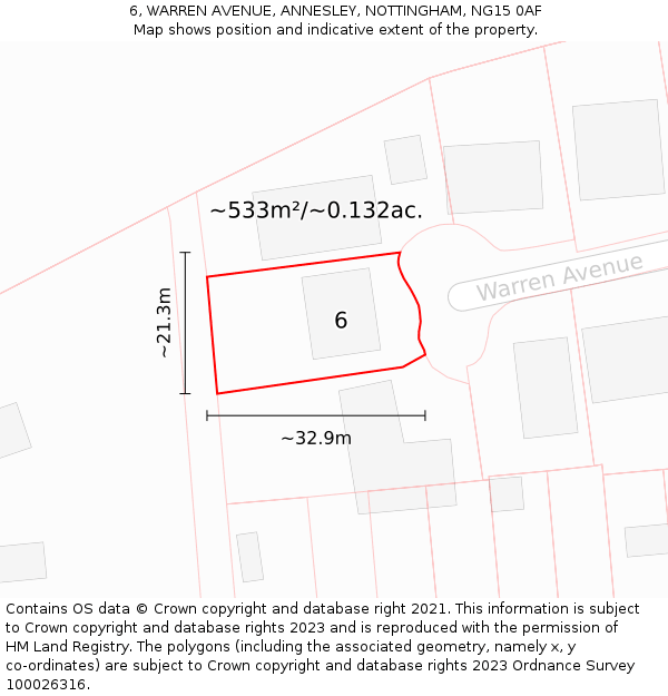 6, WARREN AVENUE, ANNESLEY, NOTTINGHAM, NG15 0AF: Plot and title map